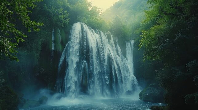 A waterfall is flowing into a river. The water is clear and the sky is bright. The scene is peaceful and serene