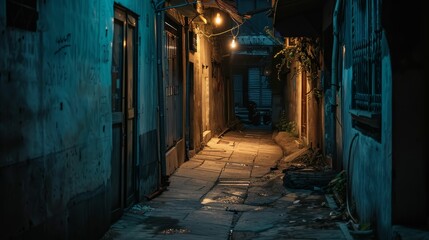 Fototapeta premium Urban alley at night, shadows of those without homes, unseen stories