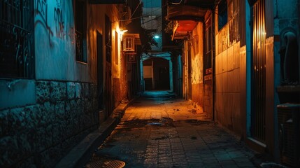 Fototapeta na wymiar Urban alley at night, shadows of those without homes, unseen stories