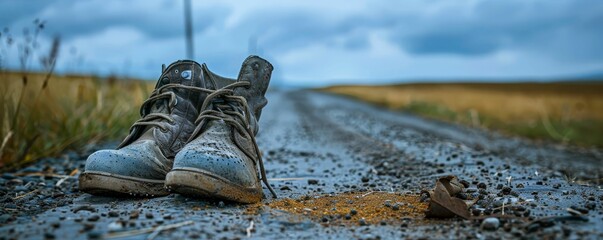 Weathered shoes walking a long road, journey without end, hope persists