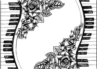 A frame with musical piano keys decorated with roses, a graphic vector black and white illustration for posters, flyers, greeting cards and invitation cards. For posters, banners and postcards.