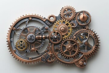 Witness the mesmerizing collaboration of intricate Steampunk gears and cogs in an innovative white-themed display.