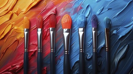 Vibrant paint brushes with strokes of color, artistry concept on white