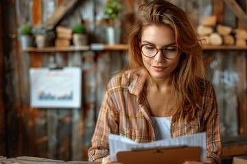 A focused young woman reads a clipboard in a rustic wooden workspace