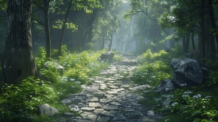 A forest path with a stone walkway and a rock on the side. The path is surrounded by trees and the sunlight is shining through the leaves