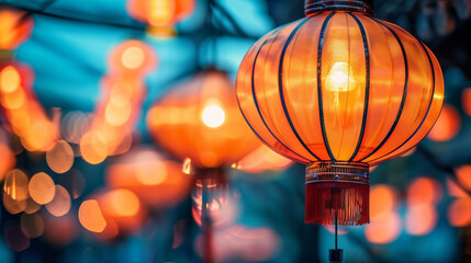 A bunch of red lanterns are lit up, creating a warm and inviting atmosphere - Powered by Adobe