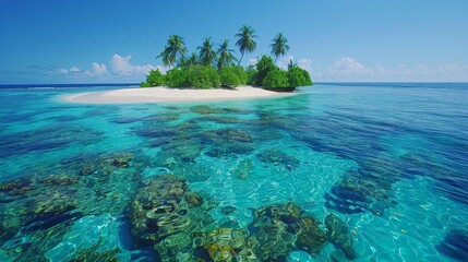 A beautiful blue ocean with a small island in the middle. The island is surrounded by palm trees and the water is crystal clear. The scene is peaceful and serene