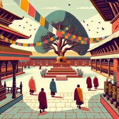illustration of a peaceful courtyard within a Nepali temple, featuring a Bodhi tree with fluttering prayer flags and colorful prayer wheels. - obrazy, fototapety, plakaty