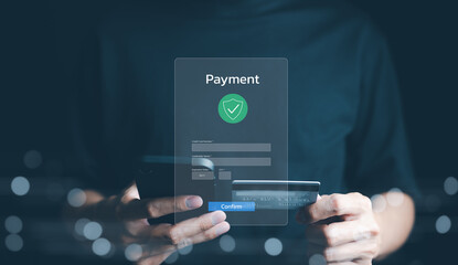 Secure Online Payment Transaction Process concept. Person confirming a secure online payment using a credit card through a digital interface with verification tick symbol. Internet banking, fintech, - obrazy, fototapety, plakaty