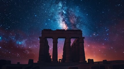 The night sky is filled with stars and a large, glowing moon. The scene is serene and peaceful, with the stars twinkling in the darkness. The moon casts a soft glow on the surrounding area