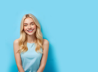 Happy young blonde girl in blue dress smiling on solid light blue background with copy space.  - 771636750