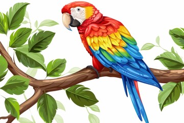 A colorful parrot perched on a tree branch, squawking happily. Illustration On a clear white background 