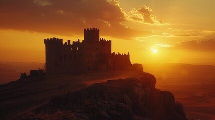 A castle is perched on a rocky hillside, with the sun setting in the background. The castle is old and has a sense of mystery and history. The sky is filled with clouds, creating a moody atmosphere - obrazy, fototapety, plakaty