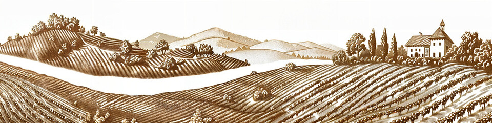 Vineyard Harvest, Classic Wine Labels, Rustic Farm, Traditional Rural Landscape Engraving, in Sepia color, Agricultural Branding, Eco-Tourism, Farm Life,  Heritage , Coaster Design, Print, Banner