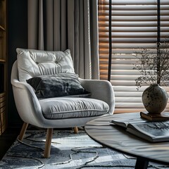 
close up of Grey lounge chair near coffee table against window. Farmhouse, boho home interior design of modern living room.