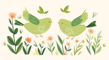 Pássaro verde e flores da primavera - Ilustração fofa