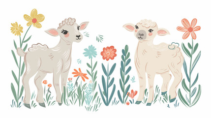 Cordeiros e flores da primavera - Ilustração fofa