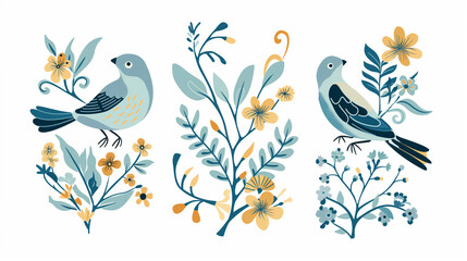 Pássaro azul e flores da primavera - Ilustração fofa - obrazy, fototapety, plakaty