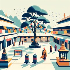 illustration of a peaceful courtyard within a Nepali temple, featuring a Bodhi tree with fluttering prayer flags and colorful prayer wheels.
 - obrazy, fototapety, plakaty