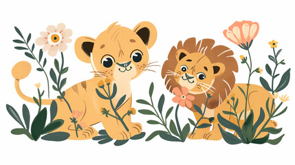 Obraz na płótnie Canvas Filhotes de leão e flores da primavera - Ilustração fofa