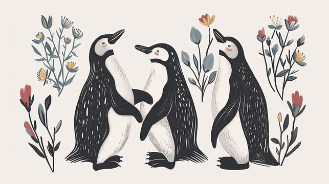 Pinguins e flores da primavera - Ilustração fofa