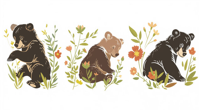 Filhote de urso pardo e flores da primavera - Ilustração fofa