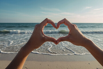 Hands in the form of a heart with a blurry beach of tropical sea in the background