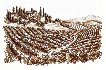 Vineyard Harvest, Classic Wine Labels, Rustic Farmhouse Decor, Traditional Rural Landscape Engraving, in Sepia color, Agricultural Branding, Eco-Tourism, Farm Life,  Heritage , Coaster Design, Print, 