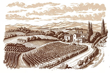 Vineyard Harvest, Classic Wine Labels, Rustic Farmhouse Decor, Traditional Rural Landscape Engraving, in Sepia color, Agricultural Branding, Eco-Tourism, Farm Life,  Heritage , Coaster Design, Print, 