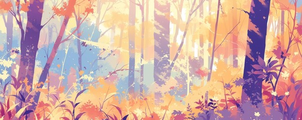 Obraz na płótnie Canvas Pastel anime-style illustration of a forest with colorful autumn foliage