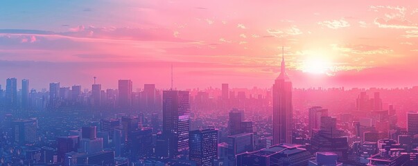 Pastel anime-style illustration of a city skyline	at twilight