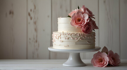 Two Tiered white wedding cake decorated with pink flower .Generative AI