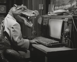 Mr. Сrocodile hacker codes on a vintage computer and laughs. Retro photography from the 50s. Hacking the ancient internet. Generative AI fantasy character - 771637971