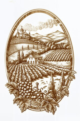 Obraz premium Simple Countryside illustration, Traditional Rural Landscape Engraving, in Sepia color, Agricultural Branding, Eco-Tourism, Farm Life, Heritage Conservation Awareness, Coaster Design, Print, Poster