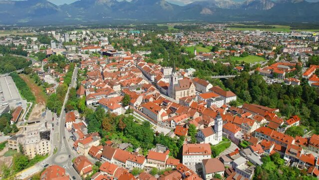 Aerial view of the Kranj town with mountain range at background, Slovenia.