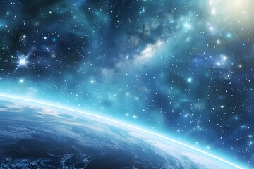 Cosmic panorama with endless space and twinkling galaxies. Exploration scene.