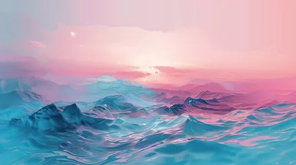 Zelfklevend Fotobehang Surreal digitally-rendered landscape with a pastel-colored ocean under a tranquil sky, hinting at a serene and ethereal sunset. © kittikunfoto