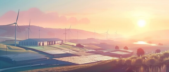 Renewable energy farm stretching across landscapes harnessing wind sun and water powering a clean future