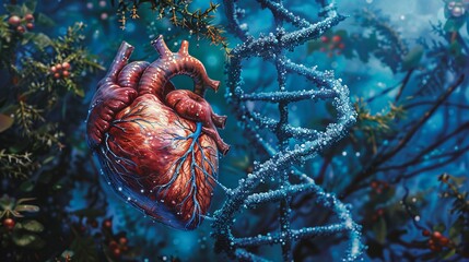 Illustration of a human heart interwoven with a DNA spiral symbolizing the essence of life all within a cohesive blue theme