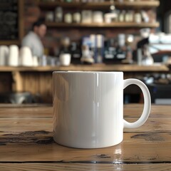 Fototapeta premium A white coffee mug sits on top of a wooden table in a simple and elegant setting