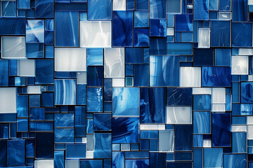 Dark blue white pattern. Chaotic. Geometric shape background for design. Squares, rectangles or block. Seamless. Abstract. Mosaic, collage. Web banner. Wide. Long
