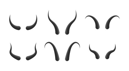Different black ram, sheep, bull, antelope and goat big horns collection. Set of devil horns on white background. Halloween evil sign, icon. Red devil demon satan. Vector illustration