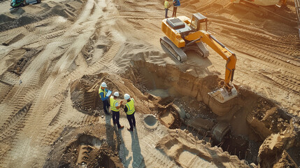 Aerial Drone Shot Of Construction Site With Excavators On Sunny Day: Diverse Team of Real Estate Developers Discussing Project. Civil Engineer, Architect, Inspector Talking And Using Tablet Computer.