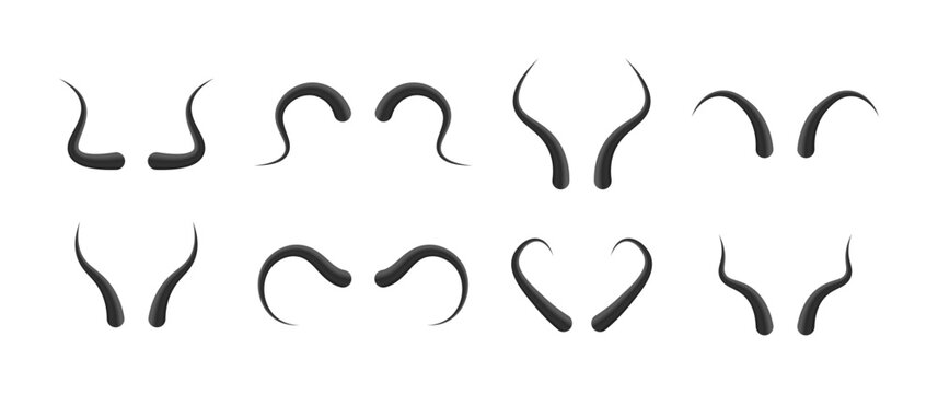 Different black ram, sheep, bull, antelope and goat big horns collection. Set of devil horns on white background. Halloween evil sign, icon. Red devil demon satan. Vector illustration