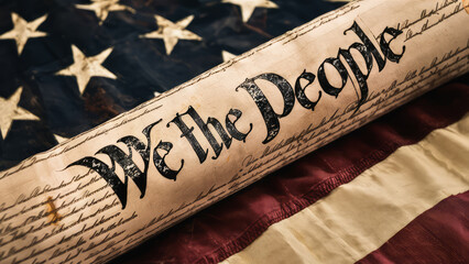 Fototapeta premium Preamble of the United States Constitution on the american flag, Copy-space