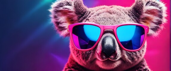 Vibrant neon background, a koala wears stylish pink sunglasses. Generative AI