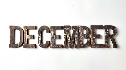 Rustic 3d wooden letters "DECEMBER" cut out on white background