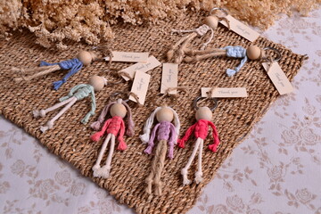 Macrame dolls key chains small gifts handmade wedding favors with thank you custom label, baptism,...