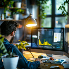 Person working from home behind two screens