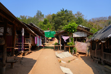 Fototapeta na wymiar Homes of Kayan refugees in the Huay Pu Keng long-neck ethnic village in the Mae Hong Son province in the northwest of Thailand, close to the Burma border